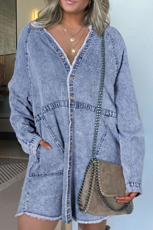 Raw Hem Button Down Long Sleeve Denim Dress