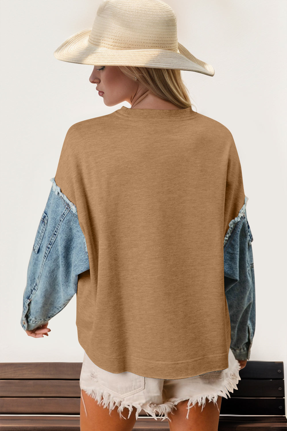 Double Take Raw Edge Star Contrast Sweatshirt