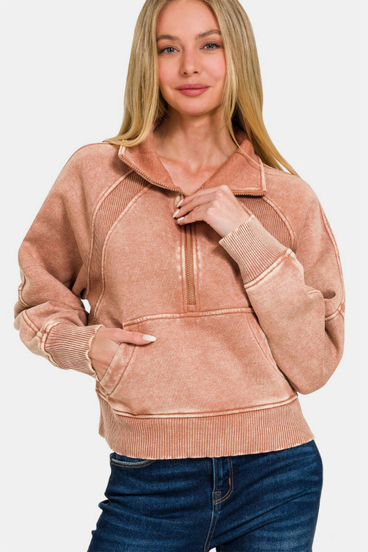 Zenana Acid Washed Half Zip Fleece Sweatshirt