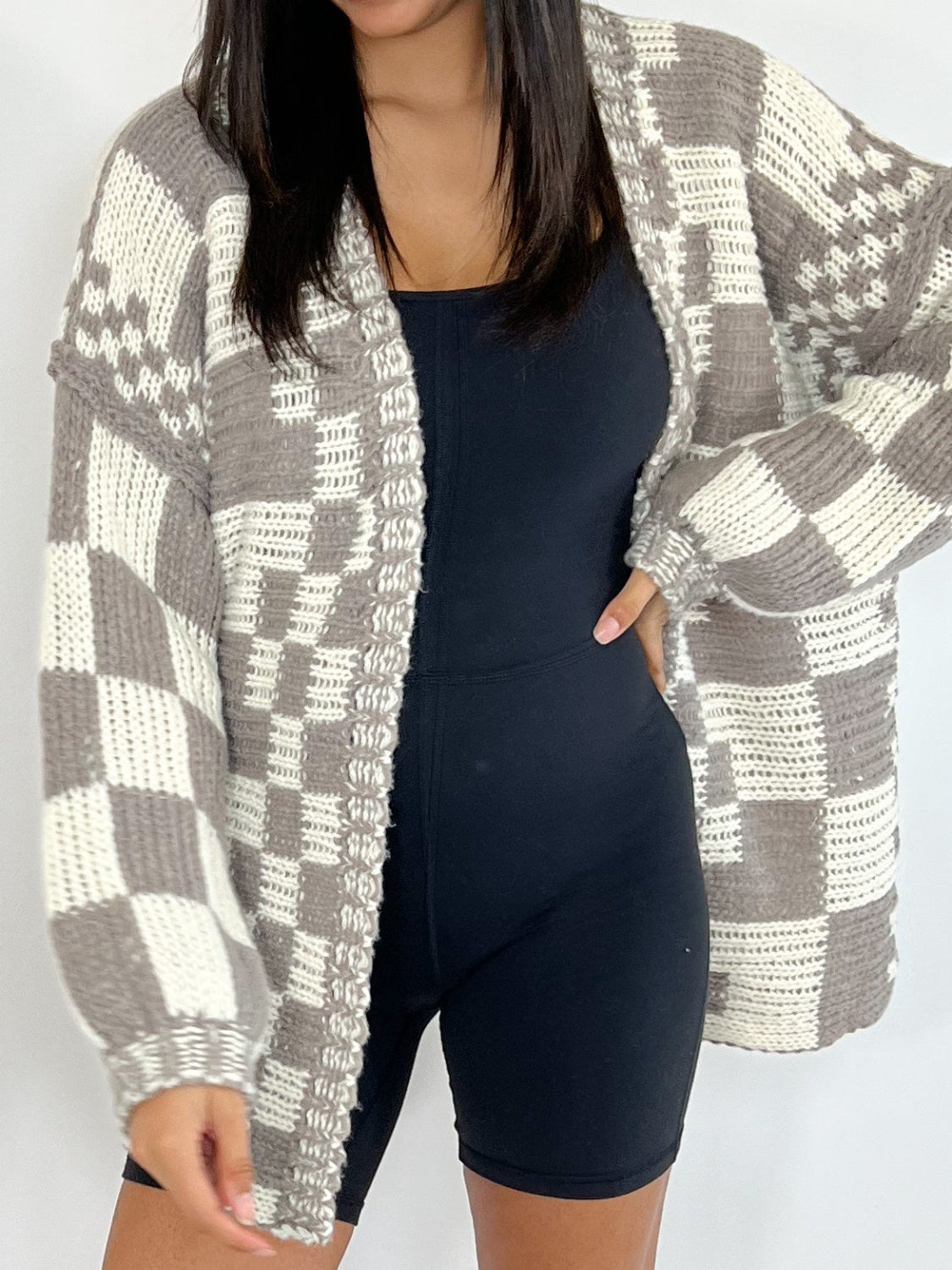 Checkered Open Front Long Sleeve Cardigan