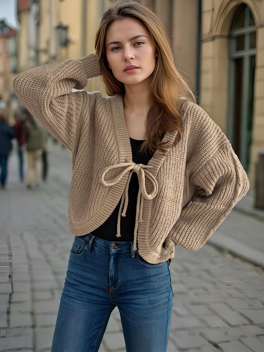 Tied Dropped Shoulder Long Sleeve Cardigan