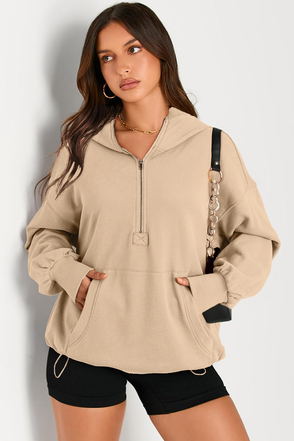 Pocketed Half Zip Long Sleeve Hoodie