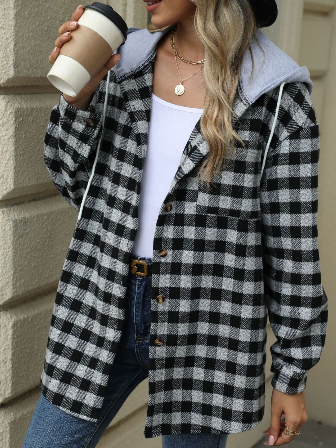 Drawstring Plaid Long Sleeve Hooded Jacket