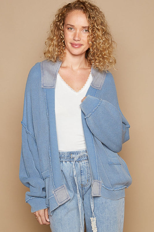 POL Open Front Washed Knit Cardigan with Pockets