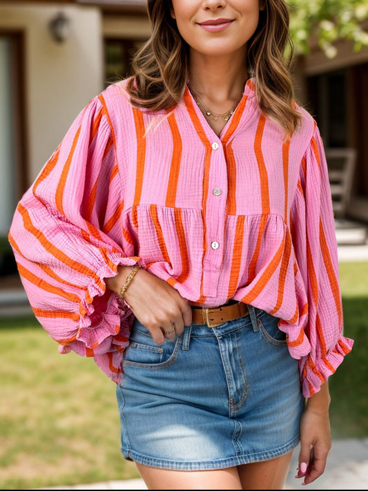 Striped Notched Long Sleeve Blouse