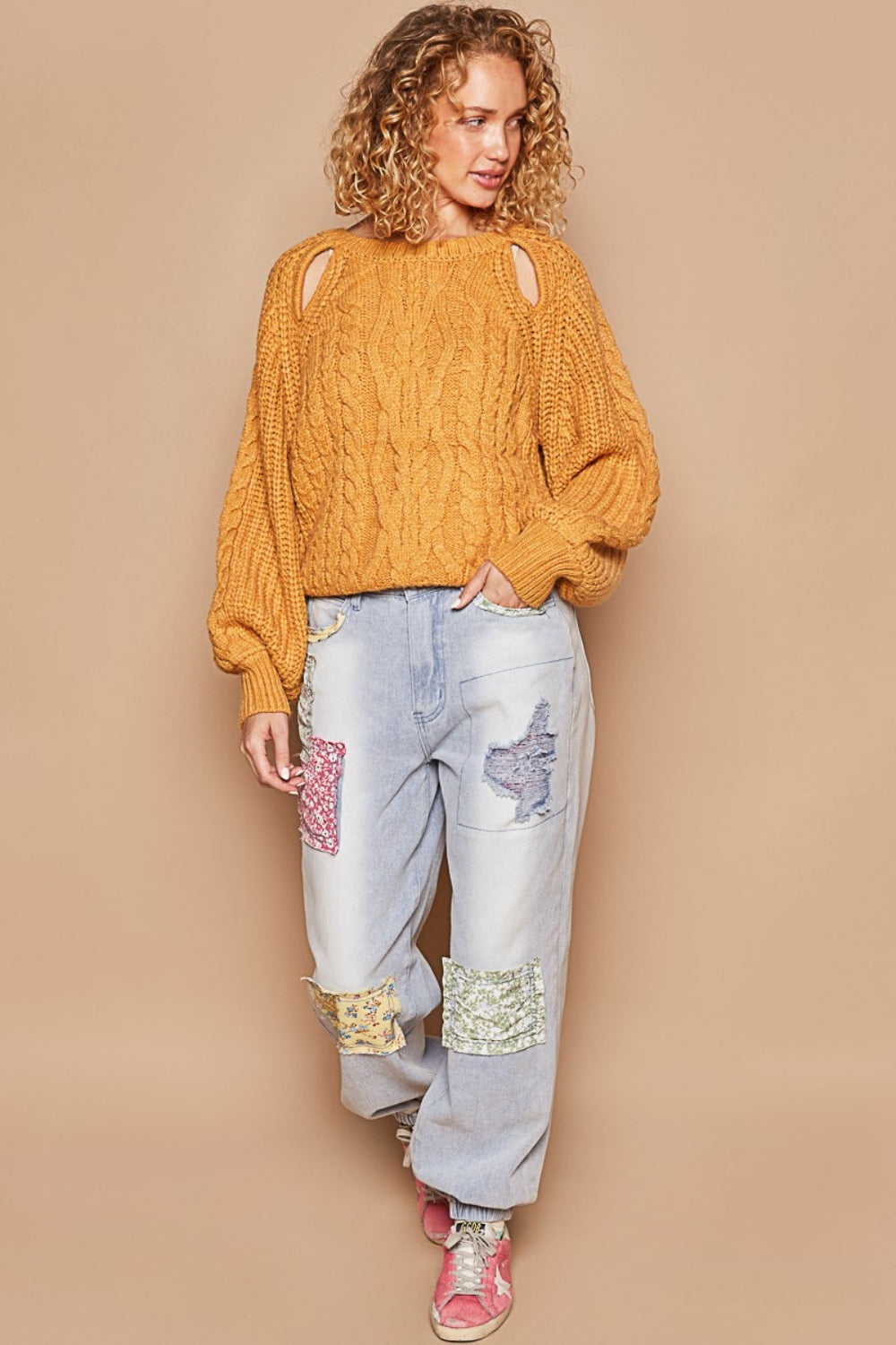 POL Cable Knit Cutout Long Sleeve Sweater