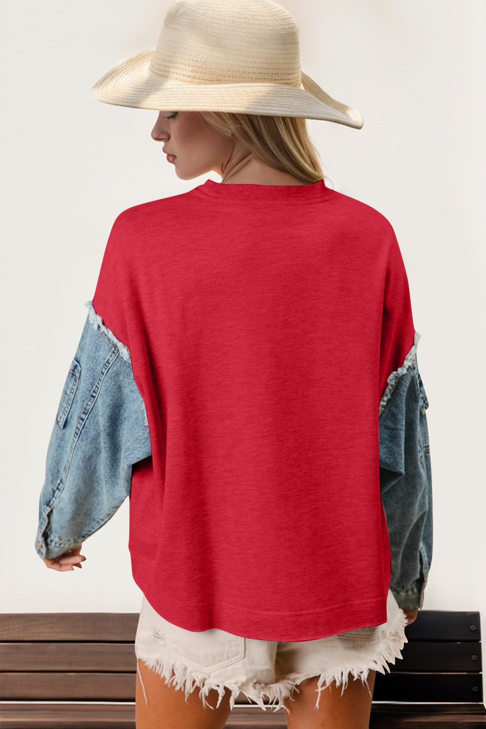 Double Take Raw Edge Star Contrast Sweatshirt