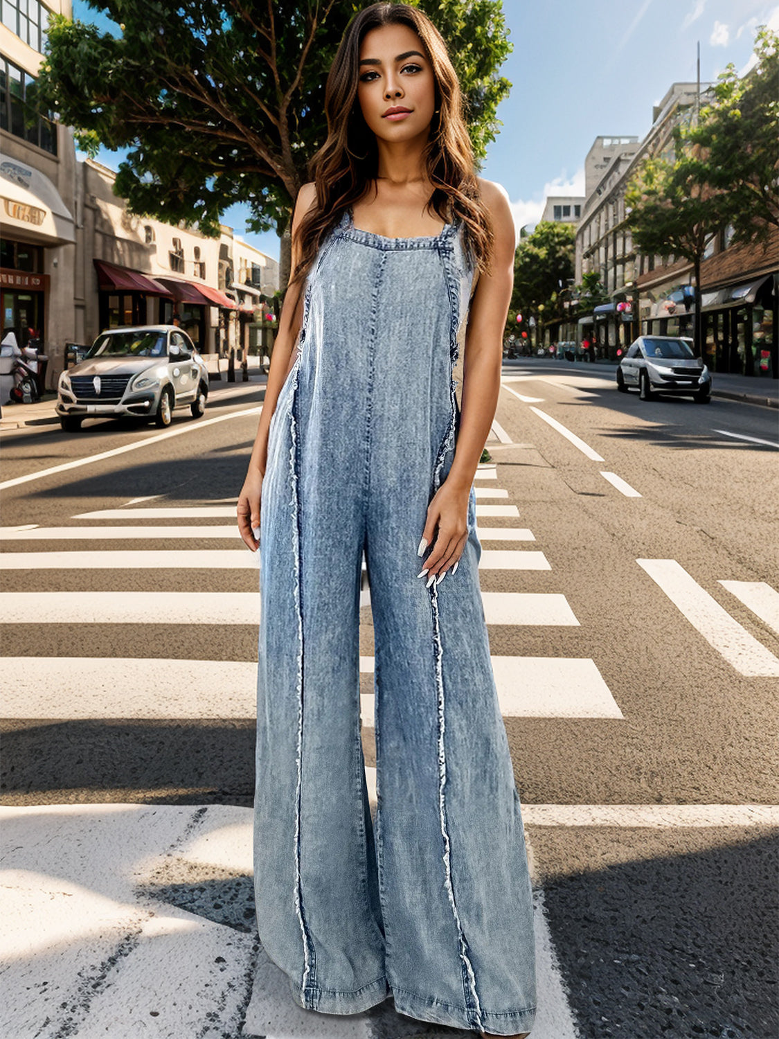 Adjustable Strap Wide Leg Denim Overalls