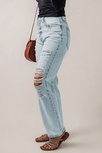 Distressed Buttoned Jeans with Pockets