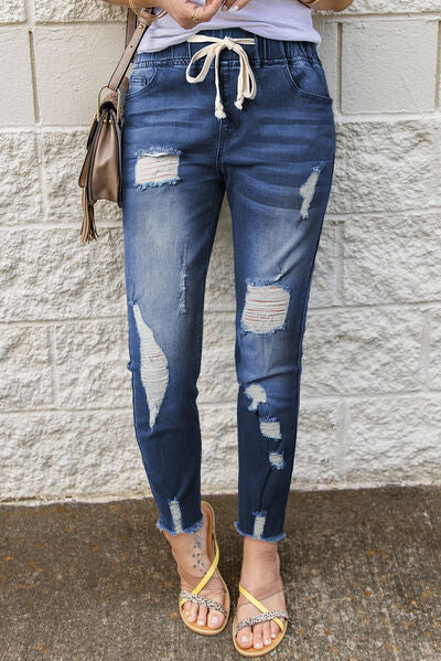 Drawstring Distressed Raw Hem Jeans with Pockets