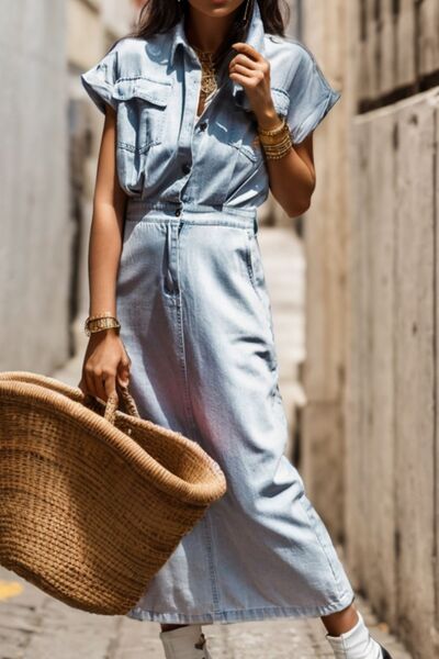 Slit Pocketed Half Button Denim Dress