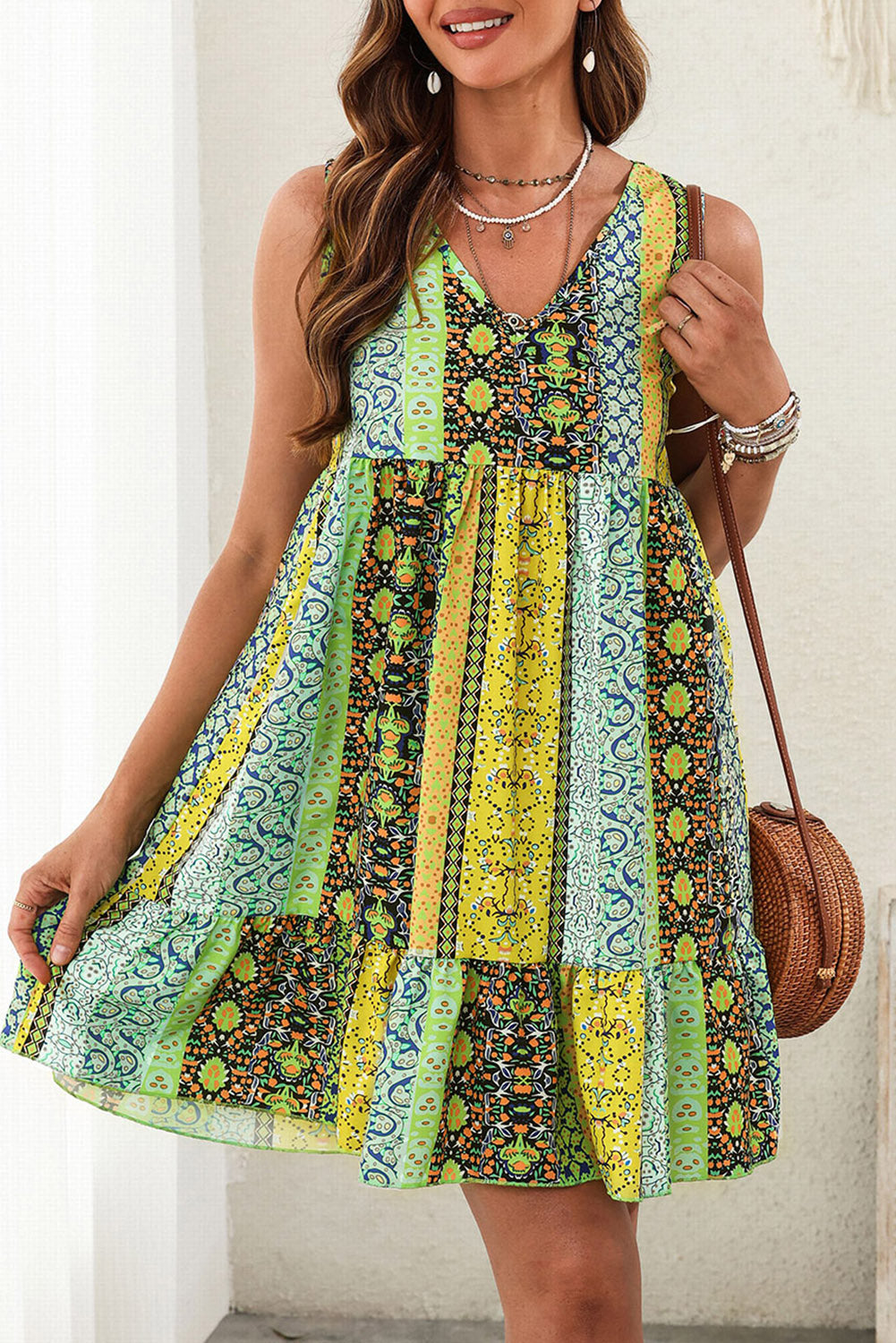 Printed V-Neck Mini Dress