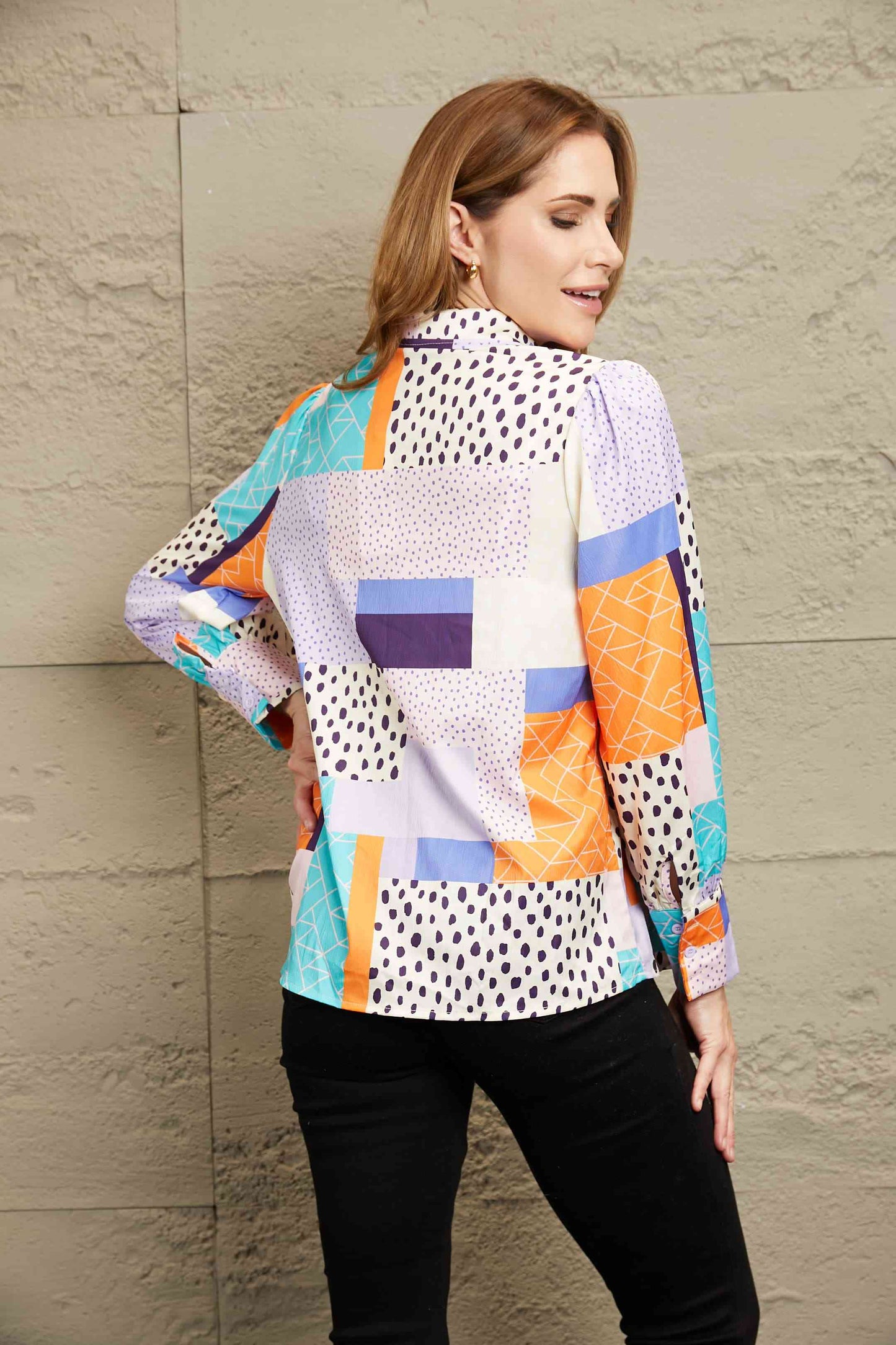 Double Take Patchwork Puff Sleeve Collared Shirt