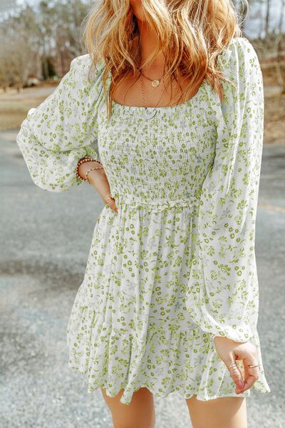 Smocked Floral Square Neck Balloon Sleeve Dress