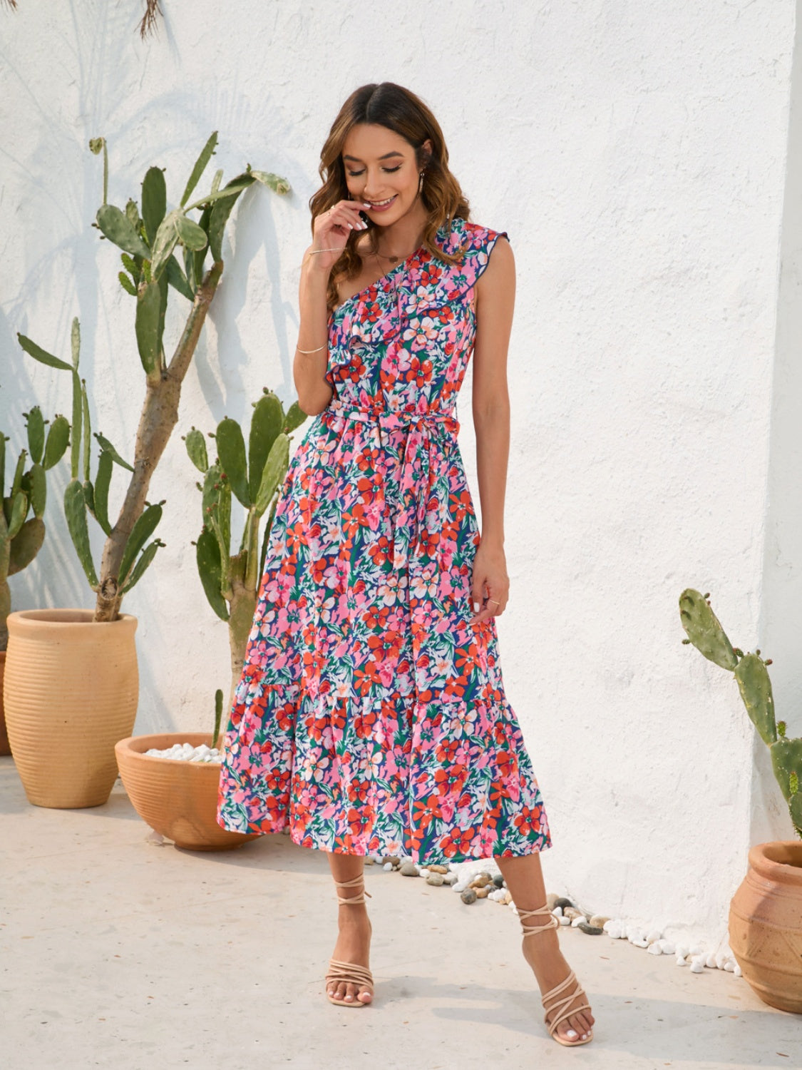 Ruffled Printed One Shoulder Midi Dress